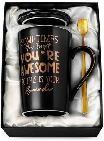 Birthday Thank You Gifts for Men, Sometimes You Forget You're Awesome Mug | 14oz Unique Black Ceramic Inspirational Coffee Cup with Gold Print, Christmas Presents for Friend Husband Employee, Gift Box