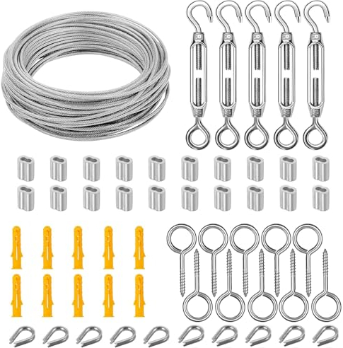 30m Edelstahl Stahlseil Kit 5 Stück M5 Spannschloss Seilspanner Φ 2mm Drahtseil Rankhilfe Spanndraht Drahtseil Kauschen 2mm und Ösenschraube für gardinenseil, wäscheleinen, String Light Suspension