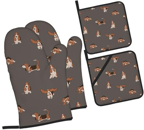 4 Pezzi Presine E Guanti Da Barbecue Basset Hound Dog Cucina Guanti Professional Guanti Da Barbecue Divertenti Guanti Da Cucina Per Bbq, Cuocere, Campeggio