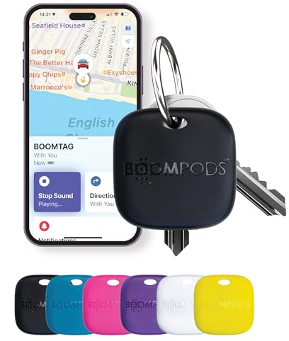 Boompods Tag Tracker Rechargeable Tracking Tag, Black | Ocean Plastic Tracker for Kids, Suitcases & Pet, Bluetooth Dog Tracker Devices Compatible with Apple Find My App, Small Key
