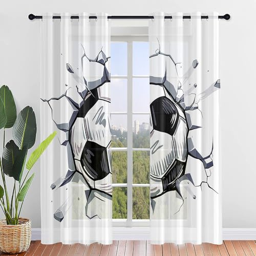 Odot 2er Set Sheer Voile Vorhang mit Ösen, Fußball-Druck Halbtransparent Gardinen Modern Ösenschal Sonnenlichtfilterung für Wohnzimmer Schlafzimmer Kinderzimmer (140x244cm,Riss)