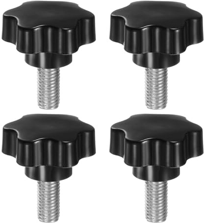 sourcing map 4pcs Star Knobs M12 x 25mm 304 Stainless Steel Threaded Stud 46mm Plastic 6-Star Head Hand Tightening Thumb Screw Clamping Jig Knob Handle, Black