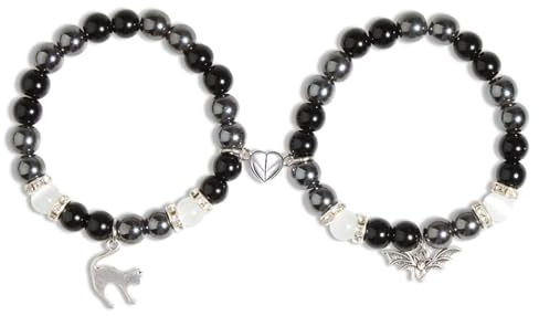 SIXDUTON 2 Stück Armband Kitty Spider Magnetische Matching Pärchen Armbänder, Fernbeziehung Armbänder für Paare und Beste Freunde, Geschenk für Valentinstag Jubiläumstag (Katzen & Fledermäuse)