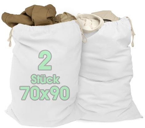 ELES VIDA® - Sacco XXL per biancheria 2 pezzi 70x90cm 100% cotone - Sacco Heavy Duty XL extra grande - durevole, con cordino, raccoglitore viaggio, scatola biancheria, conservazione bianco