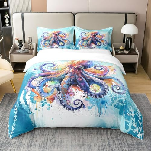 Homemissing Octopus Bettbezug Set Ozean Kraken Baumwolle Bettwäsche Set 135x200cm für Mädchen Zelte Betten Set Atmungsaktiv Meereskreatur Unterwasserwelt Bettdeckenbezug Dekor Sealife Sea Tier