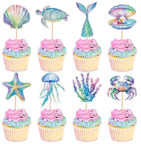 Blumomon 24 Stück Mermaid Cake Toppers Meerjungfrau Tortendeko Ozean Cupcake Toppers Kinder Frauen Geburtstag Deko Meerjungfrau Thema Party Dekoration