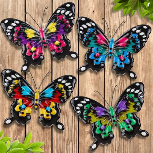 Giyiprpi 4 Pack Metal Butterfly Wall Art Outdoor Decor, 9.8in Colorful Fence Wall Art Decor, Wall Sculpture Hanging Decoration for Garden Yard Living Room Bedroom Patio Balcony(D)