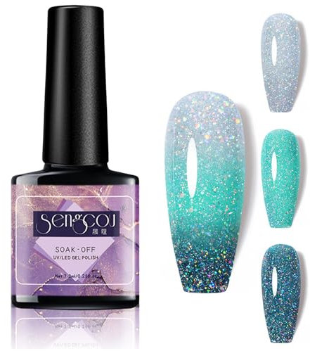 Colour Changing Gel Nail Polish, Thermal Temperature Color Changing Gel Polish, Green Grey Glitter Glossy Nail Lacquer, Soak Off UV LED Nail Art Varnish for Women Nail Art DIY at Home