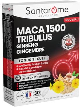 Santarome Bio - Maca 1500 Tribulus Ginseng Gingembre - Complément alimentaire Tonus Sexuel - Améliore la fonction érectile - Tonifiant sexuel - Fortement dosé - 30 comprimés - Made In France - Végan