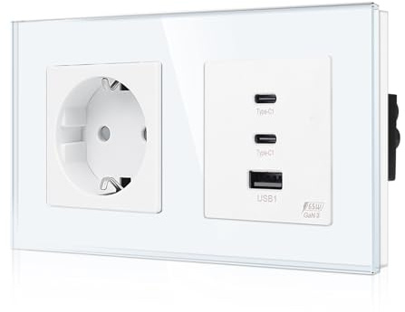 CNBINGO 65W USB Schnellladen mit Steckdose, USB-C/C/A Ports, 2-Fach Weiß | GaN PD 65W USB-Schnellladung Unterputz, Wandsteckdose mit Kindersicherung, Glasrahmen, Kompatibel mit mehreren Geräten