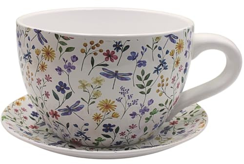 Dekohelden24 XXL Blumentopf, Pflanztasse, Pflanzkübel, Pflanzgefäß, Blumenkübel, Pflanztopf. Übertopf als Tasse mit Griff aus Keramik, Motiv: Bunte Blumen, L/B/H 34 x 28 x16 cm.