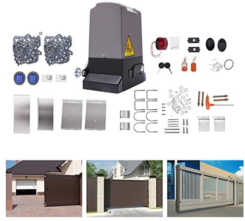 Automatic Sliding Gate Opener with 2 Remote Controls, 750W Heavy Duty Chain Driven Sliding Gate Motor Opener Kit, Complete Door Opener Sliding Gate Operator for Stainless Steel Iron Bronze Doors