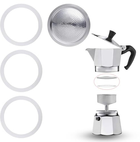 Gasket for 3 Cup Espresso Maker, with Aluminum Sieve Insert, Gasket Seals Parts Moka Pot, Replacement Food Grade Seal Silicone, Includes 3 Gaskets and 1 Filter for Stovetop Coffee Maker(3 Cups)
