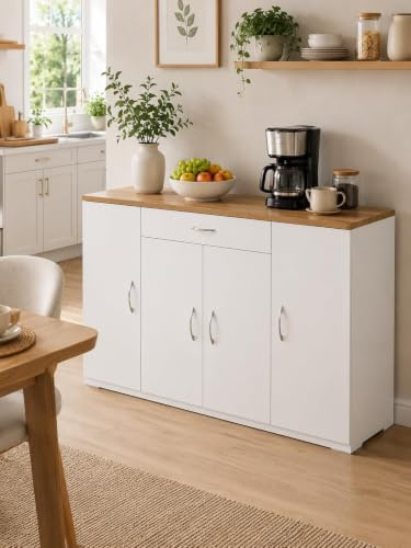 Amveya Credenza Madia Mobile Bianca Stretta Sala da Pranzo 110×30×70cm | Credenza madia con 4 ante 1 cassetto e grande spazio come mobile stretto per sala da pranzo stoviglie posate e biancheria
