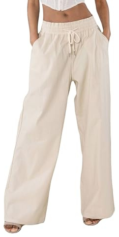 Nina Carter A001 damsommarbyxor, lätta breda byxor, bomullsblandning, stretch, elastisk linning, luftig och ventilerande, lös passform, linneutseende, Beige (A001-74), M