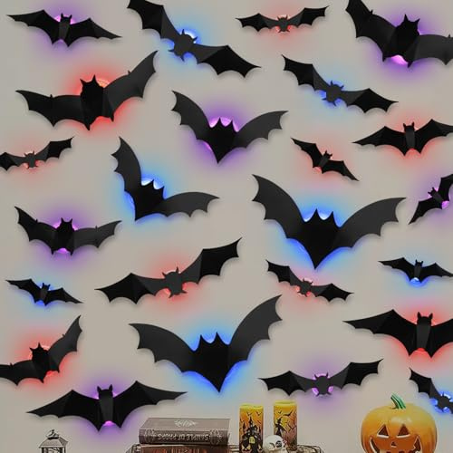 Halloween Deko, 24 Stück LED Fledermaus Deko, 3D Fledermaus Wandaufkleber, Halloweendeko LED Fledermaus Lichter, Halloween Fledermaus für Fensterdeko, Schlafzimmer, Outdoor, Party Dekoration Sticker