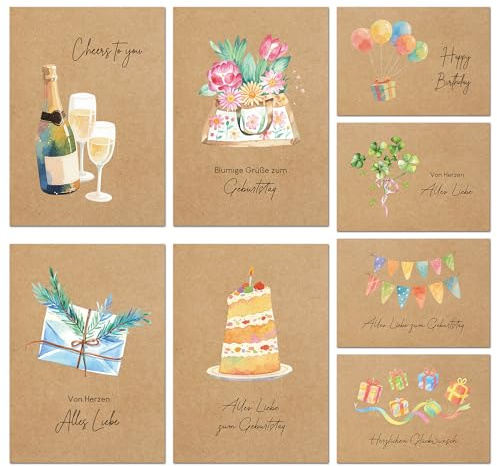BIROYAL 12er Geburtstagskarten Set mit Umschlag - Glückwunschkarten Geburtstag - Geburtstagskarte Postkarten Set - Happy Birthday Karte - Ideal als Grußkarte für Männer Frauen