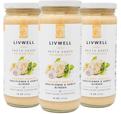 LIVWELL Dairy-Free Cauliflower Pasta Sauce – Pack of 3 Plant Based Vegan Alfredo Pasta Sauce with Cauliflower, Roasted Garlic & Cashews, Nutrient Rich, Non GMO & Gluten Free
