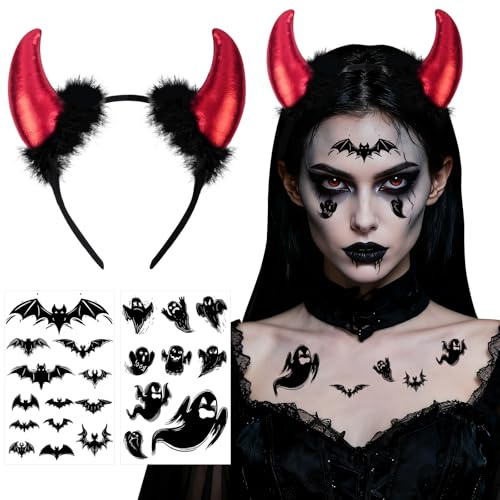 Bailtouk Serre Tete Diable avec 2 Tatouages, Serre-Tête Cornes de Diable, Bandeaux d'halloween Démon Serre Cornes Serre Tete Ange Démoniaque pour Adulte Femme Enfant