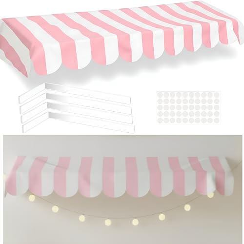 Tallew Circus Carnival Awning Decor Carnival Tent Pink White Striped Banner 3D Waterproof Awning Wall Decor 57.5''x 9''Circus Party Supplies for Birthday Christmas Mardi Gras Games Props