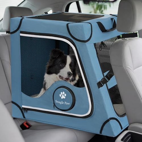Snagle Paw Tragbare Hundebox für Autoreisen, Metallrahmen, Haustier-Transportbox für Auto-Rücksitz, Befestigung mit Kopfstützengurt und Sicherheitsgurt, L