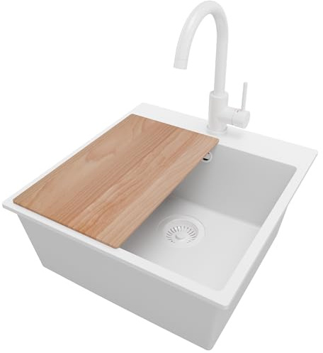 PRIMAGRAN Fregadero Granito al Mueble 50cm + Grifo, 48x50cm | Set: Grifo BW5010 + Kit de desagüe + Tabla de Cortar + Riga 1 Seno para Cocina, Todo Blanco
