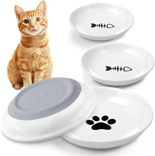 AMFUN 4 Piezas Comedero Gato, Cuencos de Cerámica para Gatos con Base de Goma Antideslizante, uencos Plano de Ceramica para Gato, Comederos y Bebederos para Gatos y Perros (Pata)