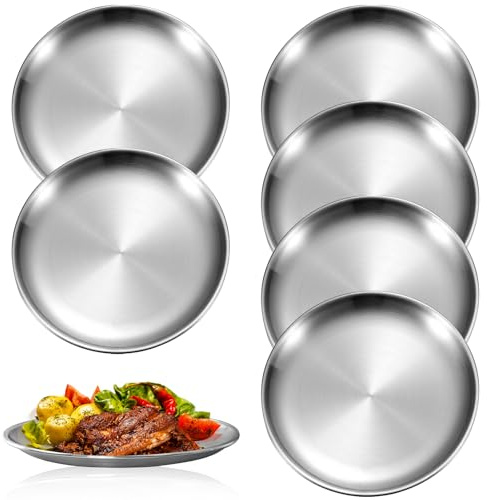 RTSHUK 6 Stück Edelstahl Teller, Edelstahlrundes Geschirr 20 cm Runder Edelstahlteller Campingteller Edelstahl Unterteller Edelstahlteller für Restaurants Picknicks Küchen