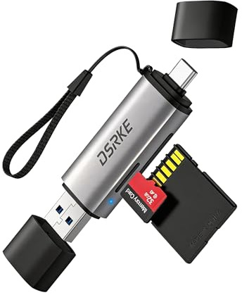 DSRKE SD Kartenleser, USB 3.0 & USB C Dual Stecker Kartenlesegerät SD Karten Adapter für SD/SDHC/SDXC/microSD | Kompatibel mit iPhone 17/16/15, MacBook, Android & Windows