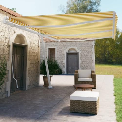 QJBSAVVA Standmarkise Manuell 600x350 cm Gelb Weiß Aluminiumgestell mit UV-beständigem Polyester Stoff Höhenverstellbare Freistehende Sonnenschutz Terrassenmarkise mit Kurbel für Garten Balkon Outdoor