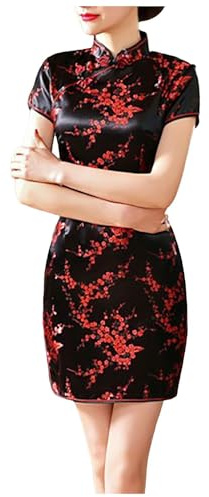 Vêtements pour femme - Robe traditionnelle Cheongsam avec fleur de prunier chinoise - Robe mi-longue élégante - Dragon et Phoenix Qipao - Col montant - Robe de demoiselle d'honneur - Robe de soirée