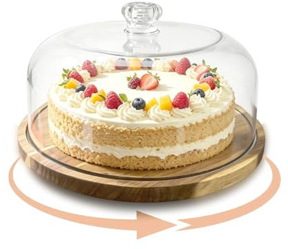 Hniuyun Acacia Wood Rotating Cake Stand with Acrylic Dome Lid - 12 Inch 2-in-1 Display Platter for Cheeseboards, Desserts, Cakes & Party Snacks