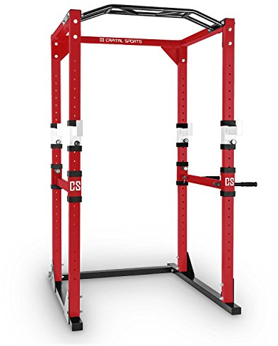 CAPITAL SPORTS Tremendour Power Rack Käfig - Squat Rack Kraftstation, 2 x Safety Spotter: 20-stufig, 4 x J-Hooks, Multigripp-Klimmzugstange, aufsteckbare Dipstangen, Half Rack, rot