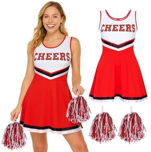 REDSTAR FANCY DRESS Cheerleaderkostüm Damen mit Cheerleader Pompoms – Cheerleader Kostüm Damen – Kostüm Damen als High School Cheerleader – Halloween Kostüm Damen