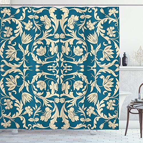 ABAKUHAUS Chinesisch Duschvorhang, Oriental Antike Rolle, Stoffliches Gewebe Badezimmerdekorationsset mit Haken, 175 x 180 cm, Petrol Blau und Creme