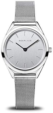 BERING Unisex Quarz Uhr | Armbanduhr 31 mm silbernes Edelstahlgehäuse und silbernes Zifferblatt | Milanaisearmband | Saphierglas | 3 ATM | 17031-000