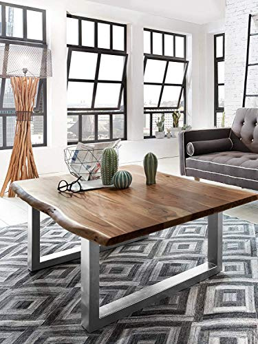 SAM Couchtisch 120x80 cm Quarto, Akazie nussbaum, Metallbeine Silber | echte Baumkante, massiver Sofatisch aus Akazienholz nussbaumfarben, Baumkantentisch
