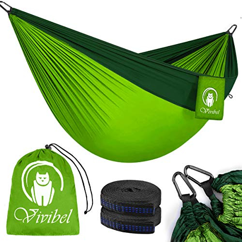 Vivibel Camping Hängematte, Outdoor 2 Personen hängematten 300 KG Traglast 275 * 140 cm, Ultraleicht Atmungsaktiv Hängematte Nylon Fallschirmmaterial Reisehängematte für Outdoor Garten und Strand