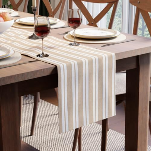 Encasa XO Baumwoll-Tischläufer 4 Seater | Größe 32x150 cm | Franca Beige Streifen - Maschinenwaschbar & Langlebig