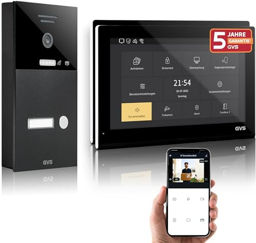 GVS IP Video Türsprechanlage mit Türöffner, 2X 10 Zoll Monitore & App | Smarte Video Türklingel mit Kamera und Monitor & App - Gegensprechanlage für 1 Familienhaus (AVS5502A)