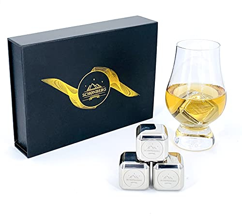 SCHØNBERG® Premium XXL 30mm Edelstahl Eiswürfel-Set, 8 Stück Wiederverwendbare Whiskysteine mit 30mm Durchmesser und hervorragender Kühlleistung, Barzubehör in Geschenkbox