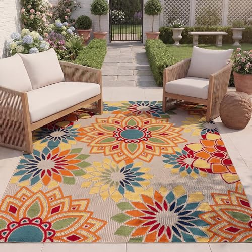 SAFAVIEH Washable Rug Outdoor Cabana Collection - 8' x 10', Ivory & Orange, Non-Shedding & Easy to Clean, Ideal for Patio, Backyard, Mudroom (CBN328A)