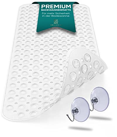 Delluxia Badewannenmatte rutschfest 100 x 40 cm inkl. 2 Haken, Antirutschmatte Badewanne Badewanneneinlage Anti Rutsch Badewanne Matte Farbe Transparent, BPA frei Badewanneneinlage Kinder & Erwachsene
