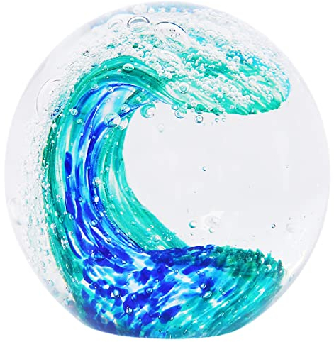 EUSTUMA Mundgeblasene Glasfiguren, Kugel, Ozeanwellen, Briefbeschwerer, Glaskugel, Heimdekoration, Sammlerstück, Aquarium-Dekoration, Bürodekoration, Ozeanliebhaber