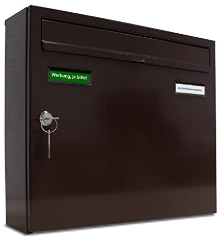AL Briefkasten Systeme Basic 1er Briefkasten in RAL 8017 Schokoladenbraun 1 Fach DIN A4 Postkasten wetterfest wasserdicht rostfrei Briefkastenanlage mit Posthaltebügel und 2 Namensschildern