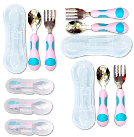 Toddler Utensils - Kids Silverware Set with Travel Case x 3 - Stainless Steel Forks Spoons for 1 2 3 4 Year Old. Metal Lunch Cutlery for Children Girls, Round Handle for Lunch-Box, 6 Pieces Pink Blue