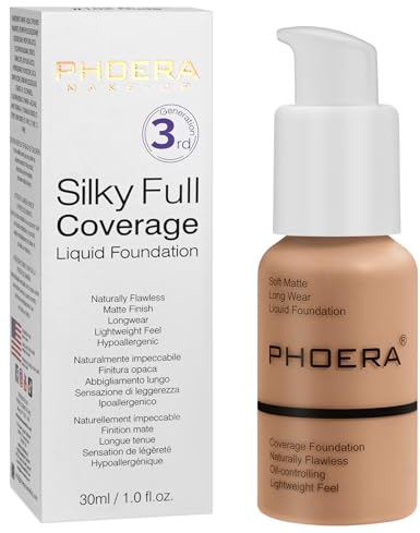 PHOERA Fond de Teint,PHOERA Foundation,imperméable Professional Makeup Fond de Teint Liquide Couvrant Tenue 24h - Matte & Poreless Finish (105- Sand)