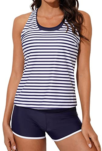 Aleumdr 3 Piece Blouson Tankini Swimsuits for Women with Shorts Athletic Modest Bathing Suits Racerback Tank Tops Swimwear Stripe XX-Large