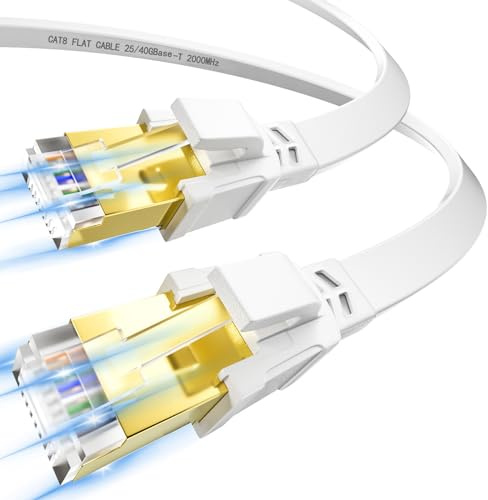 Soibke Cable Ethernet 3 metros, Cat 8 RJ45 Cable de Red 3m Alta Velocidad FTP Blindado Cable LAN Plano 40Gbps 2000MHz Blanco Gigabit Cable Internet de Conexión para Router Modem Switch