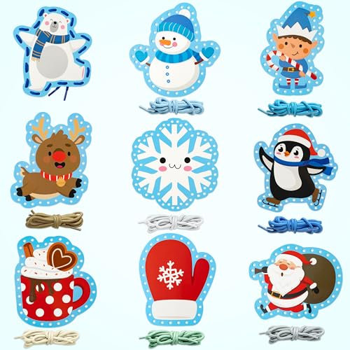 WATINC 18 Stück Winter Lacing Cards Weihnachtsdekorationen Anfänger Vorschule Lacing Card Kit für Kinder Doppelseitige Nähkarten in 9 Weihnachten Muster mit 9 bunten Spitzen Spielzeug Spiele